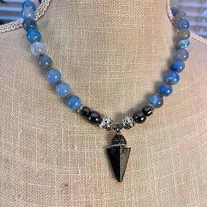 Blue Sodalight and hematite Gemstone Beaded necklace w arrow